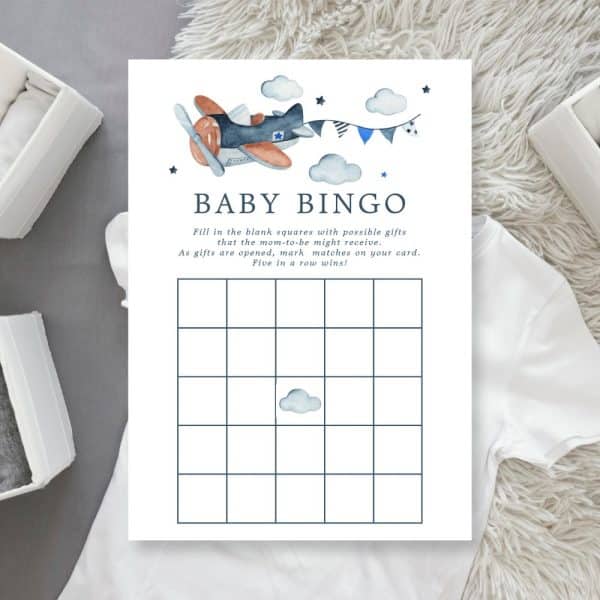 Baby Shower Bingo Card With A Watercolor Airplane Illustration.