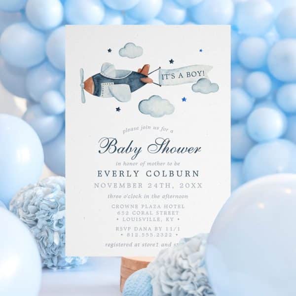 Baby Shower Invitation Featuring A Watercolor Airplane Pulling A Banner That Says Its A Boy.