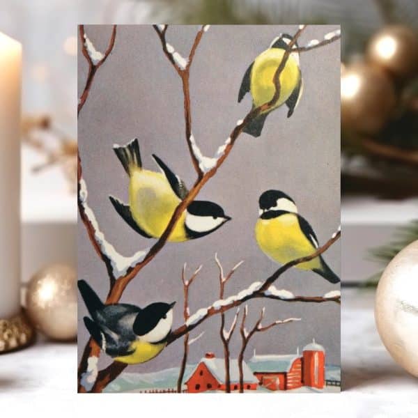 Four Yellow And Black Birds Perched On A Snow-Covered Branch In Front Of A Snowy Farmhouse.