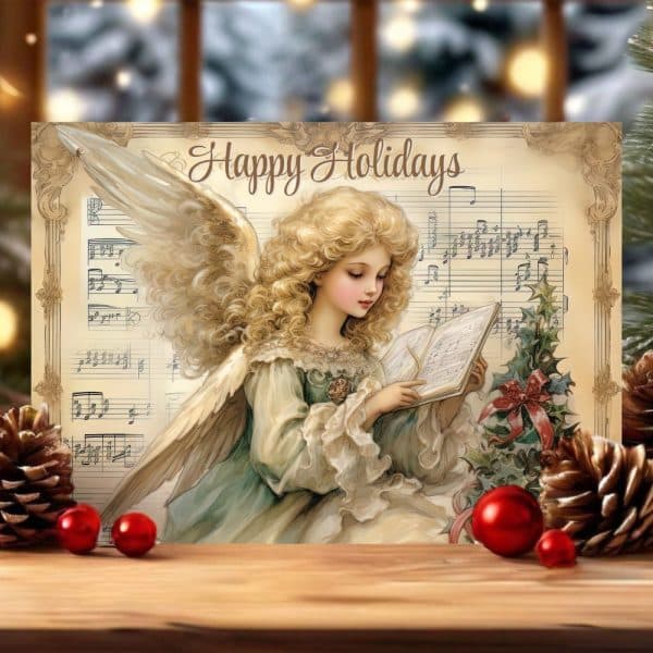 A Blonde Angel With Large Wings Reads A Book Of Sheet Music. Happy Holidays Is Written Above.