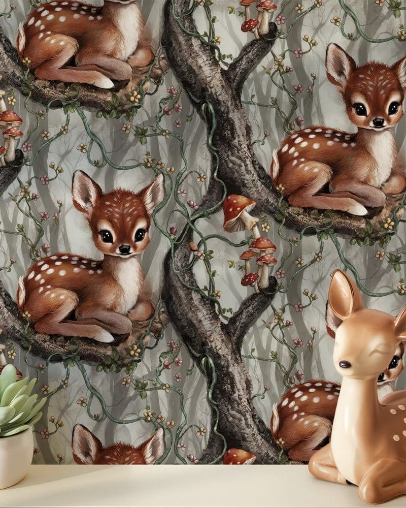 A repeating pattern of fawn deer sitting on branches, amongst vines and mushrooms in a whimsical forest scene.