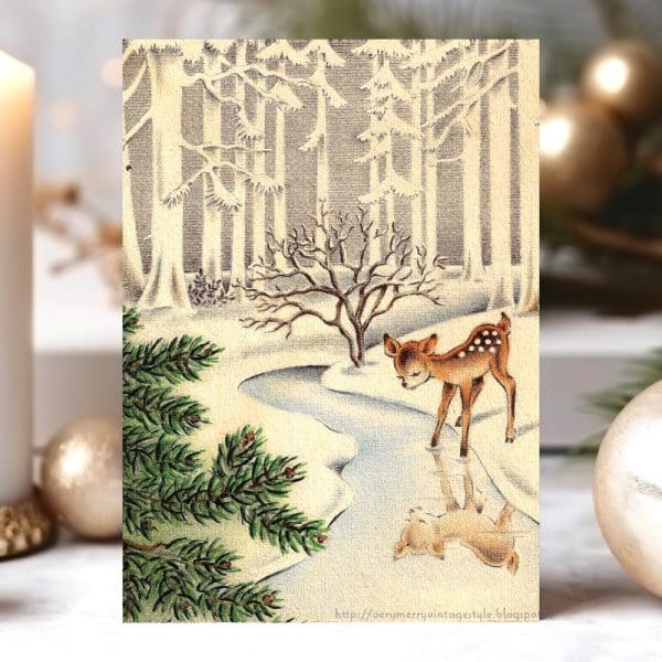 A Fawn Looking At Its Reflection In A Frozen Stream In A Snowy Forest.
