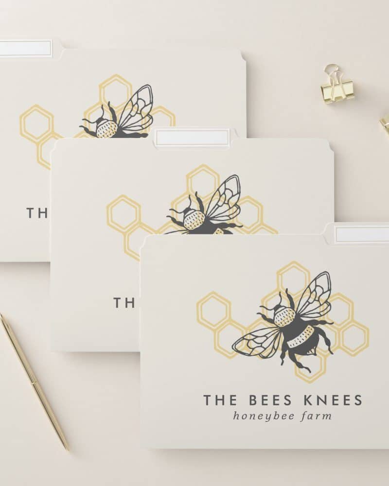 Three off-white file folders featuring a bee and honeycomb design; the bottom folder includes the text "The Bees Knees honeybee farm".