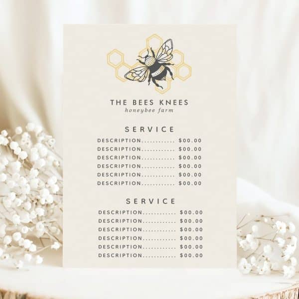 A Price List For The Bees Knees Honeybee Farm, Featuring A Logo Of A Bee In A Honeycomb.