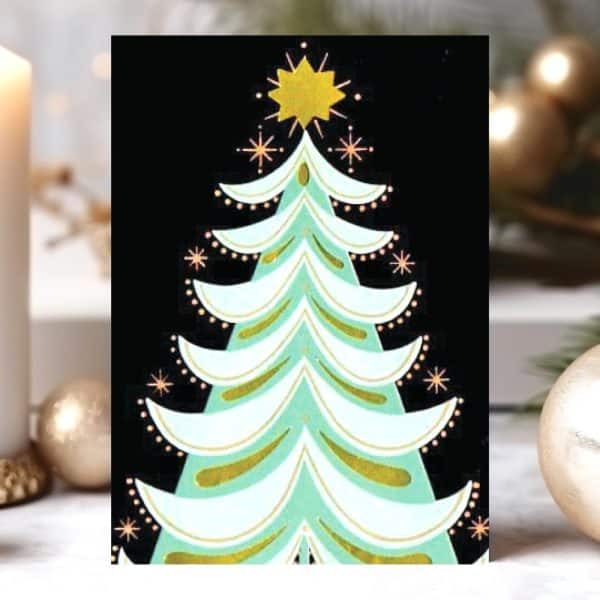 A Stylized Teal Christmas Tree With Gold Accents And A Gold Star On A Black Background.