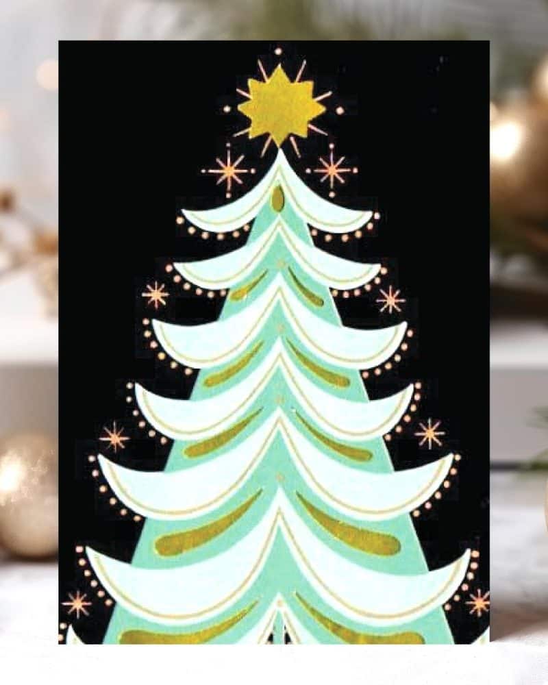 A stylized teal Christmas tree with gold accents and a gold star on a black background.