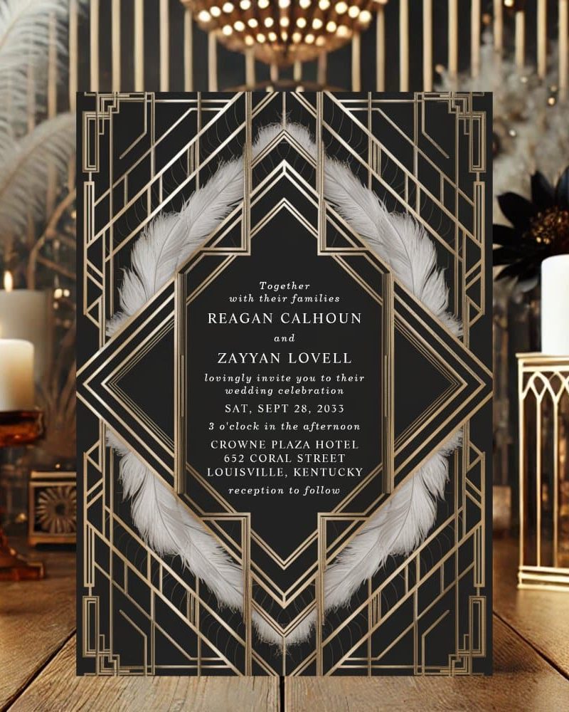 Art Deco wedding invitation with gold geometric design on a black background, featuring white feathers.