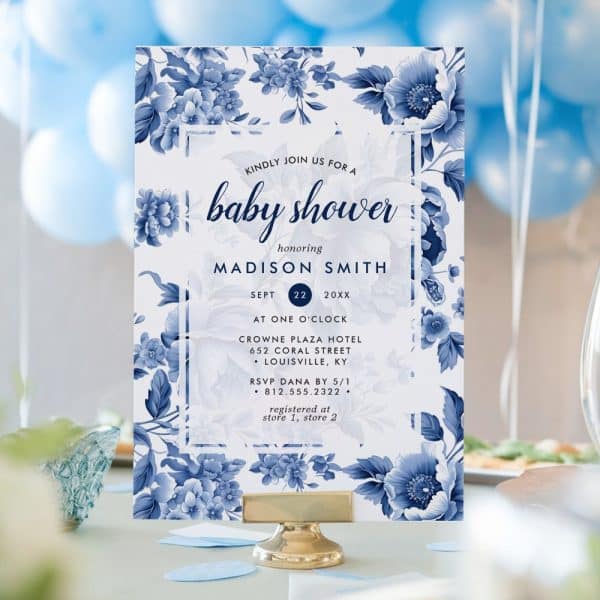 Blue Floral Baby Shower Invitation For Madison Smith.