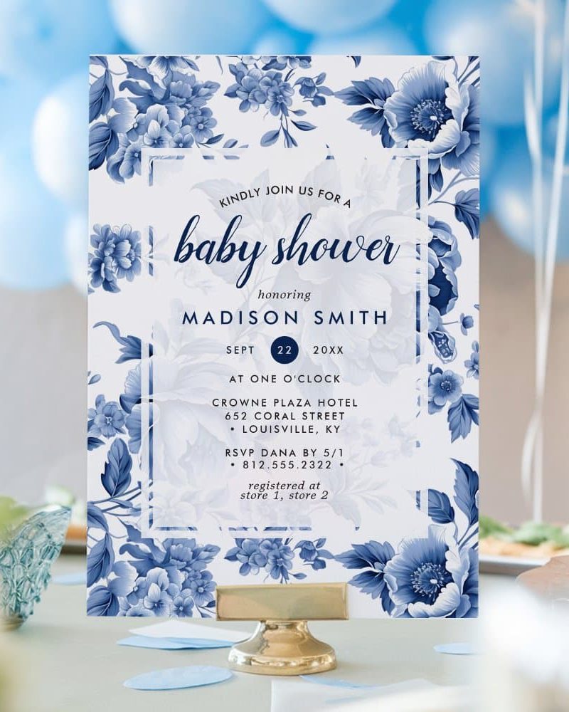 Blue floral baby shower invitation for Madison Smith.