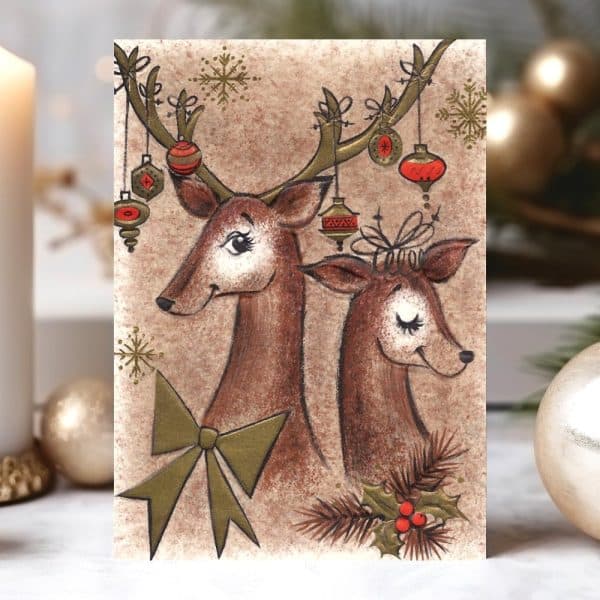 Christmas Card Illustration Of Two Reindeer Adorned With Ornaments And A Bow.