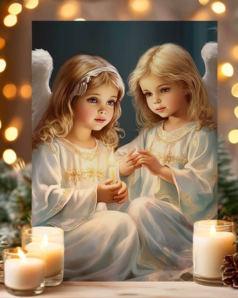 Two angelic girls, holding a candle.