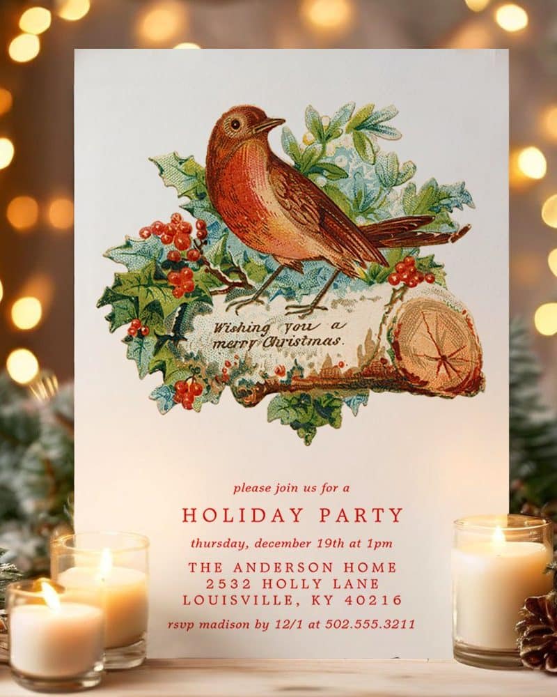 Christmas holiday party invitation featuring a vintage illustration of a robin perched on a log adorned with holly and berries.