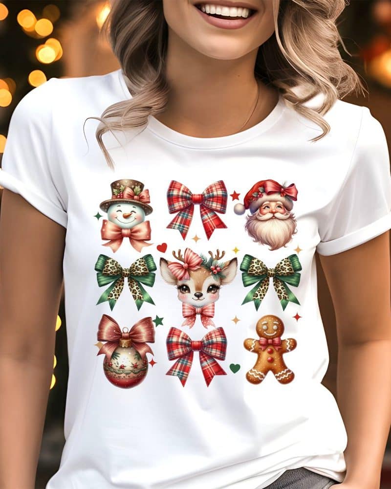 White t-shirt featuring a repeating pattern of Christmas-themed illustrations, including bows, a snowman, Santa Claus, a reindeer, and a gingerbread man.