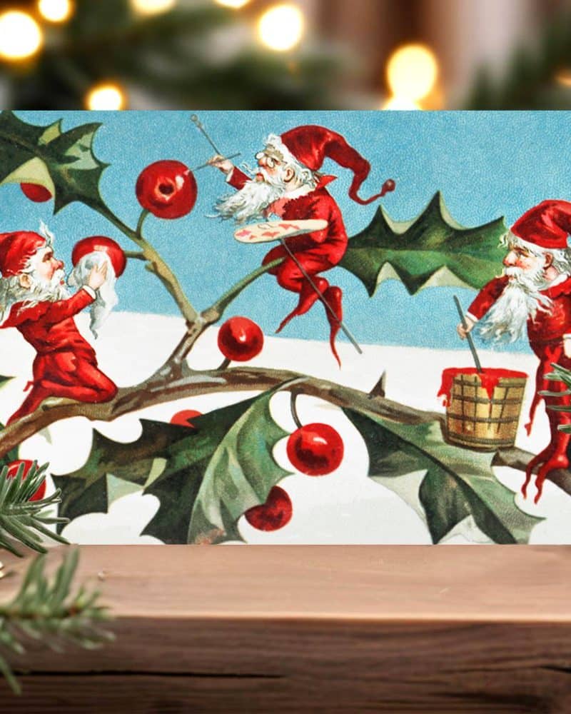Three red-suited gnomes paint holly berries on a branch.