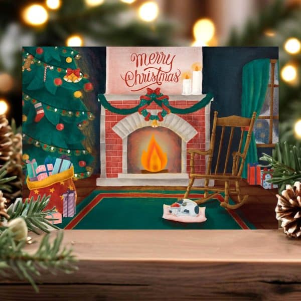 Christmas Card Depicting A Cozy Scene With A Fireplace, Christmas Tree, And Presents, Along With A Rocking Chair And A Dog Sleeping Nearby.