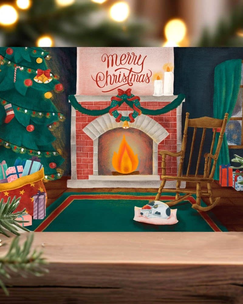 Christmas card depicting a cozy scene with a fireplace, Christmas tree, and presents, along with a rocking chair and a dog sleeping nearby.