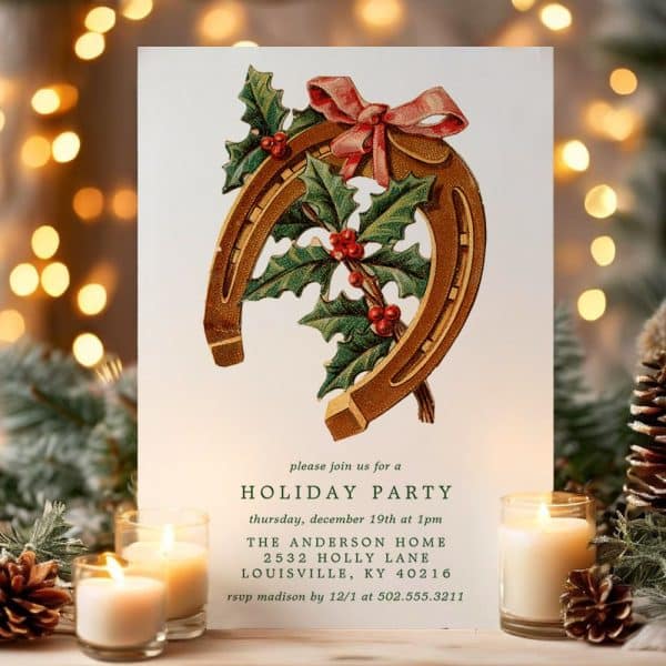 Holiday Party Invitation Featuring A Horseshoe Decorated With Holly And A Pink Ribbon.