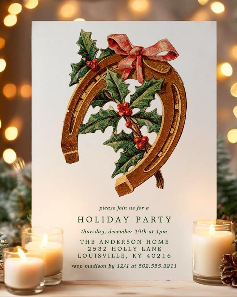 Holiday party invitation featuring a horseshoe decorated with holly and a pink ribbon.
