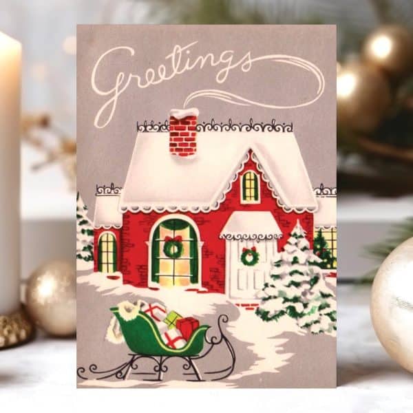 A Vintage Christmas Card Depicting A Snow-Covered Red House With A Sleigh Full Of Presents In Front.