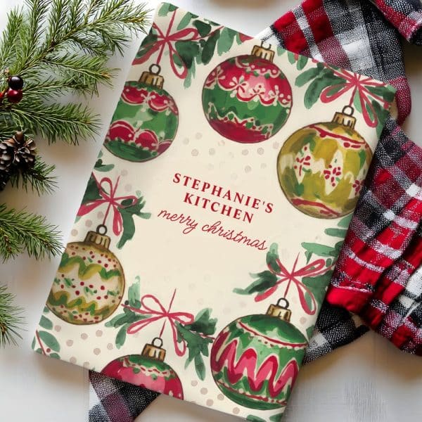 Personalized Christmas Kitchen Towel With Illustrated Ornaments.