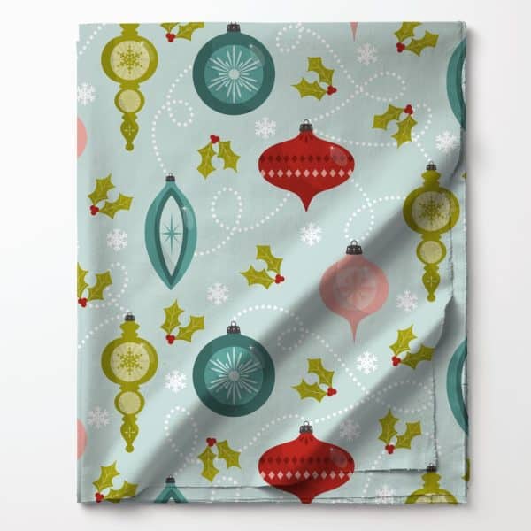 Light Blue Fabric With A Repeating Pattern Of Vintage Christmas Ornaments And Holly.
