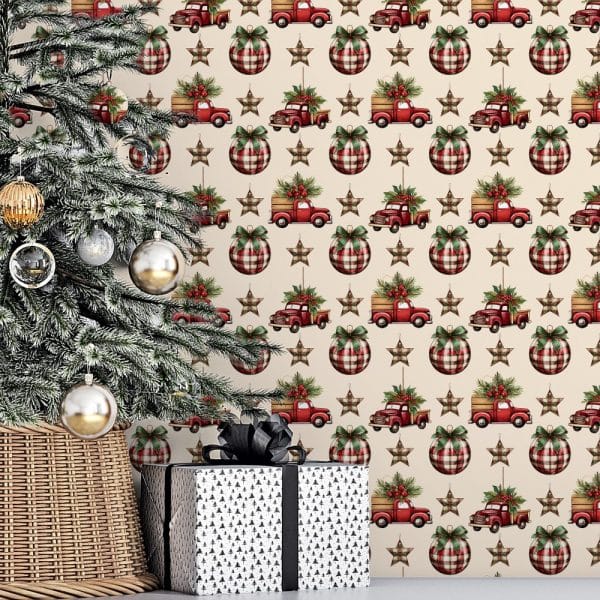 Christmas Tree Next To A Gift In Front Of A Wall Featuring A Repeating Pattern Of Red Plaid Ornaments And Vintage Red Trucks Carrying Christmas Trees.