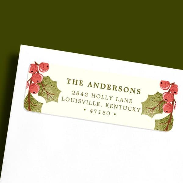 Return Address Label With Holly And Berries Design, Showing The Andersons' Address In Louisville, Kentucky.