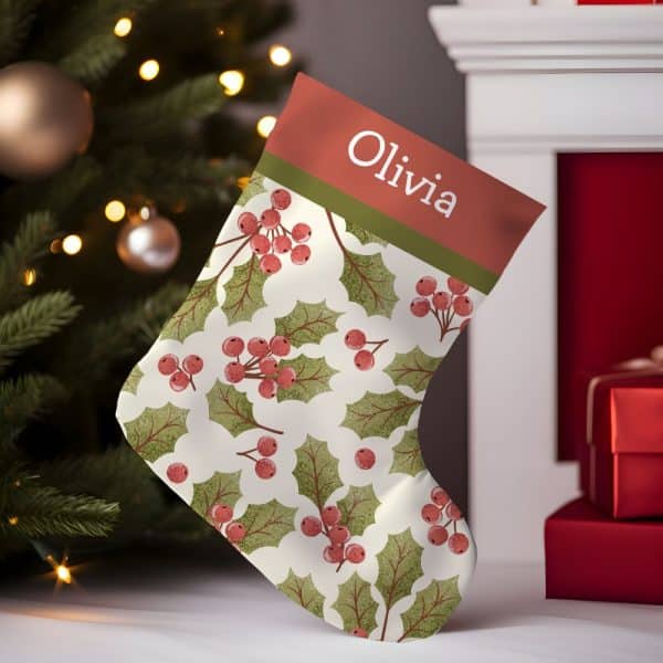 Personalized Christmas Stocking With A Holly Berry Pattern And The Name Olivia.