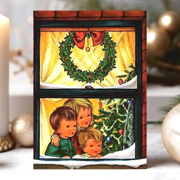 Christmas Card Illustration Of Three Children Looking Out A Window At A Decorated Christmas Tree And Wreath.