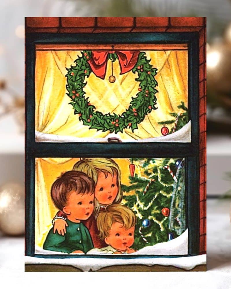 Christmas card illustration of three children looking out a window at a decorated Christmas tree and wreath.