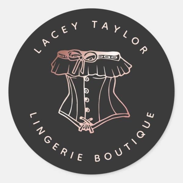 Rose Gold Corset Illustration On A Dark Circle With The Text Lacey Taylor Lingerie Boutique.