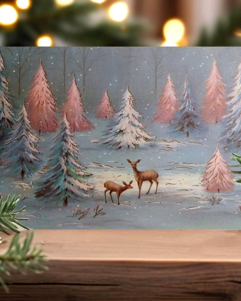Two deer in a snowy winter forest with pastel-colored trees.