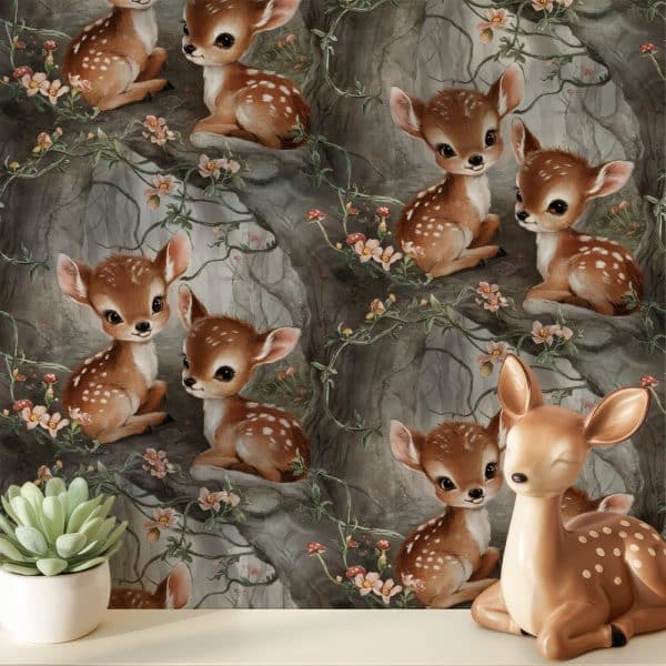 A Fawn Figurine Sits In Front Of Wallpaper Depicting Multiple Fawns In A Forest Setting.