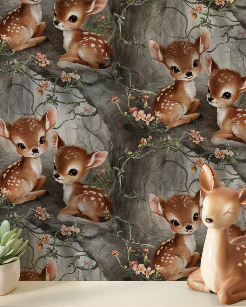A fawn figurine sits in front of wallpaper depicting multiple fawns in a forest setting.
