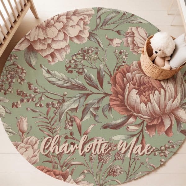 Round Floral Rug With The Name Charlotte Mae.