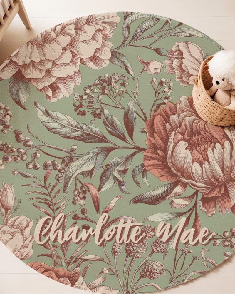 Round floral rug with the name Charlotte Mae.