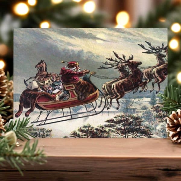 Santa Claus In A Sleigh Pulled By Reindeer Flying Over A Snowy Landscape, Carrying Toys And Children.
