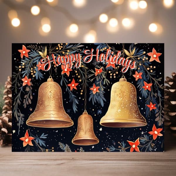 Holiday Greeting Card Featuring Three Ornate Gold Bells Hanging Amidst Stylized Flowers And Greenery. The Words Happy Holidays Are Displayed Above The Bells.