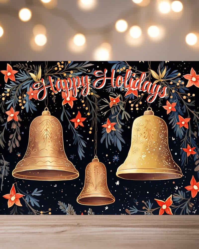 Holiday greeting card featuring three ornate gold bells hanging amidst stylized flowers and greenery. The words Happy Holidays are displayed above the bells.