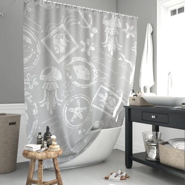 Grey Shower Curtain With A White Sea Life And Postage Stamp Design.