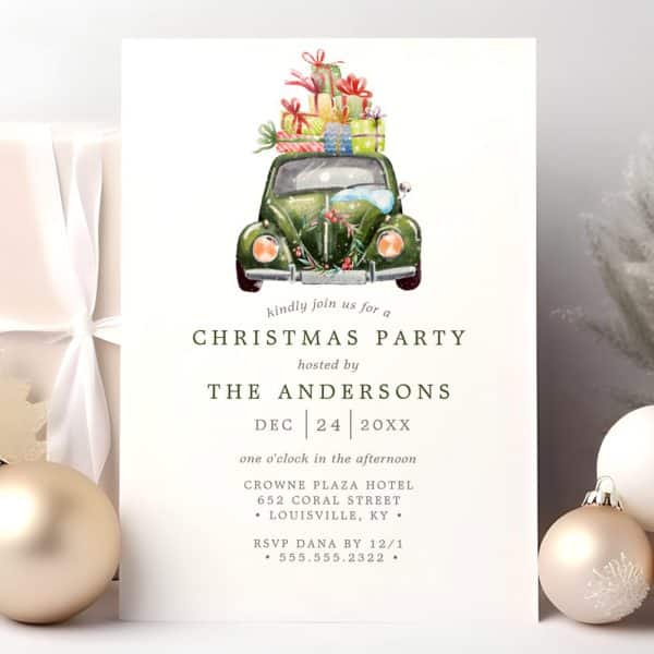 Christmas Party Invitation Featuring A Vintage Car Carrying Presents.