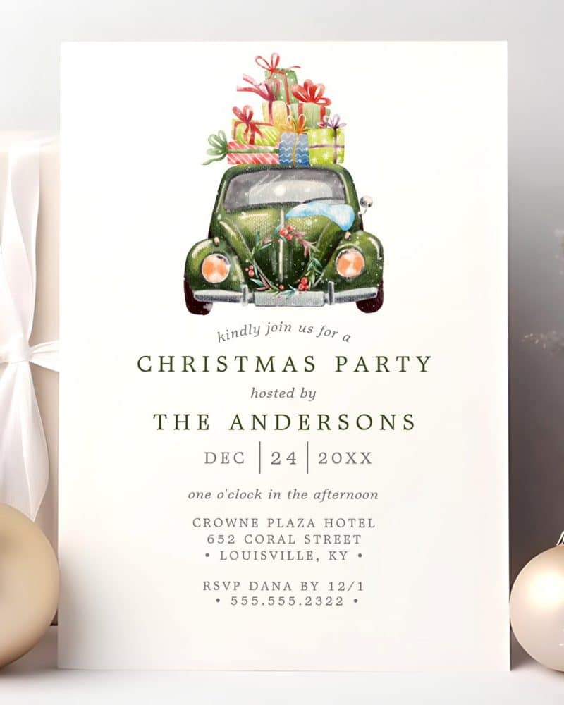 Christmas party invitation featuring a vintage car carrying presents.