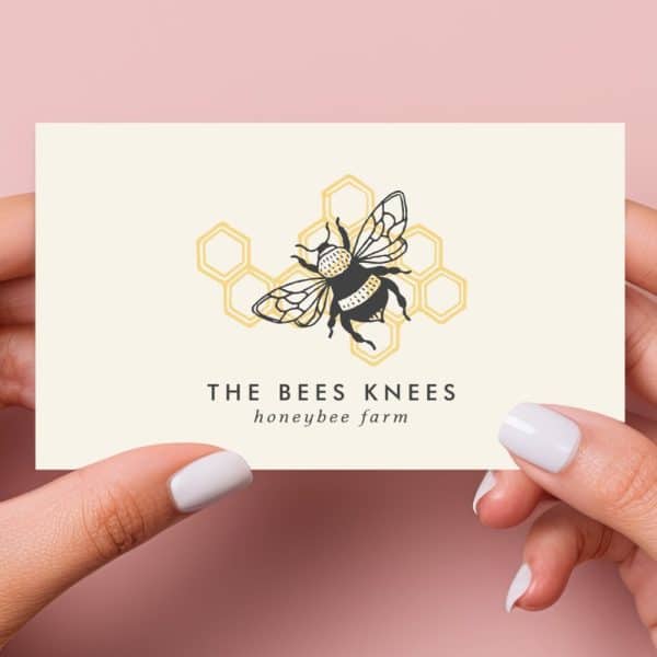 Business Card Featuring A Black And Gold Illustration Of A Bee Above Honeycomb, With The Text The Bees Knees Honeybee Farm.