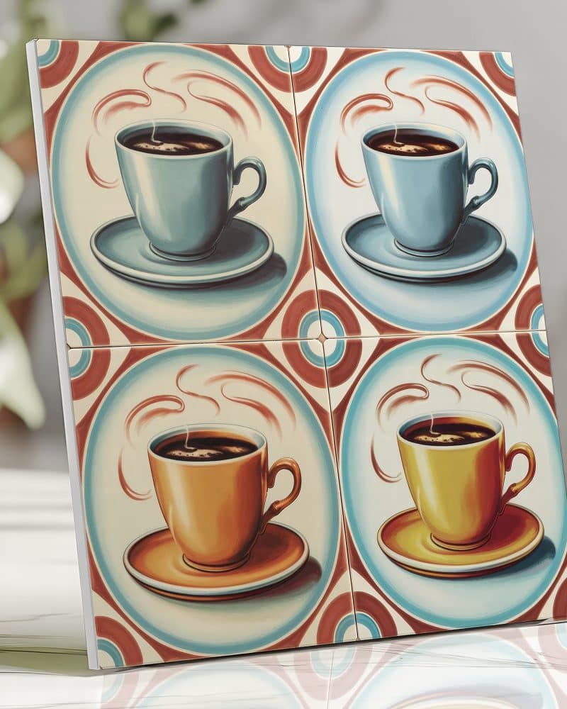 Four retro-style illustrations of coffee cups on ceramic tiles.