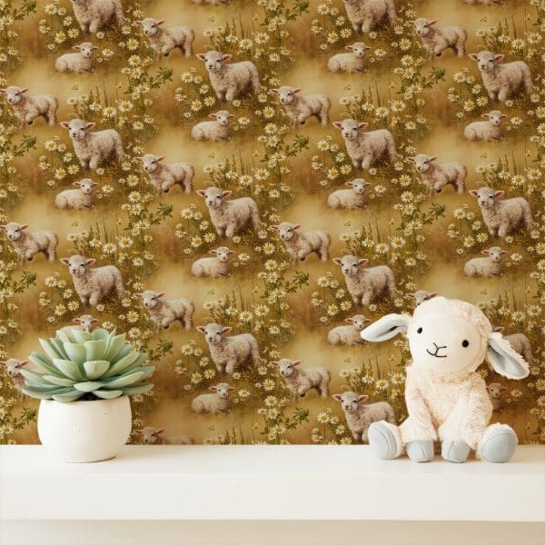 A Tan Wallpaper Featuring A Repeating Pattern Of Lambs In A Field Of Daisies, With A Plush Lamb Toy In The Foreground.