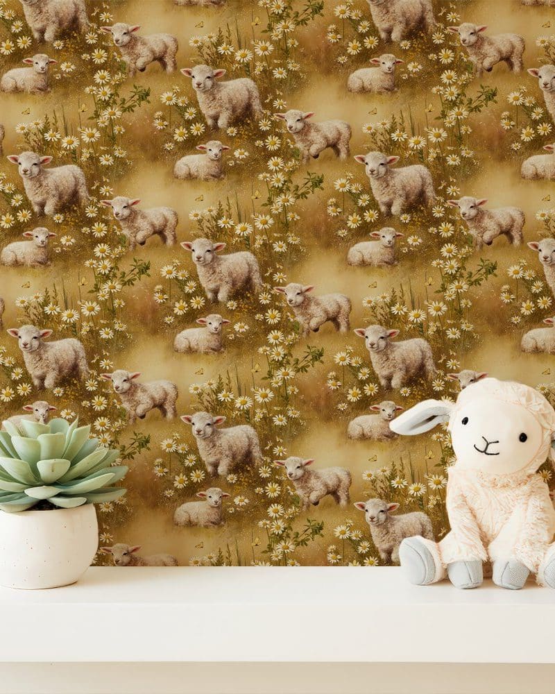 A tan wallpaper featuring a repeating pattern of lambs in a field of daisies, with a plush lamb toy in the foreground.