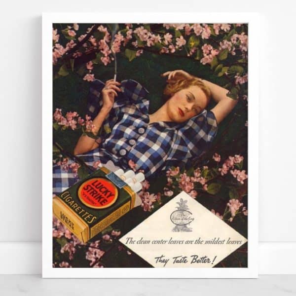 Vintage_Lucky_Strike_Cigarettes_Tobacco_Poster-R_Wa3S29_1000.Jpg A Woman In A Blue And White Gingham Dress Lies Amidst Blooming Flowers, Smoking A Lucky Strike Cigarette.