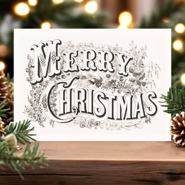 Ornate Merry Christmas Greeting Card In Black And White.