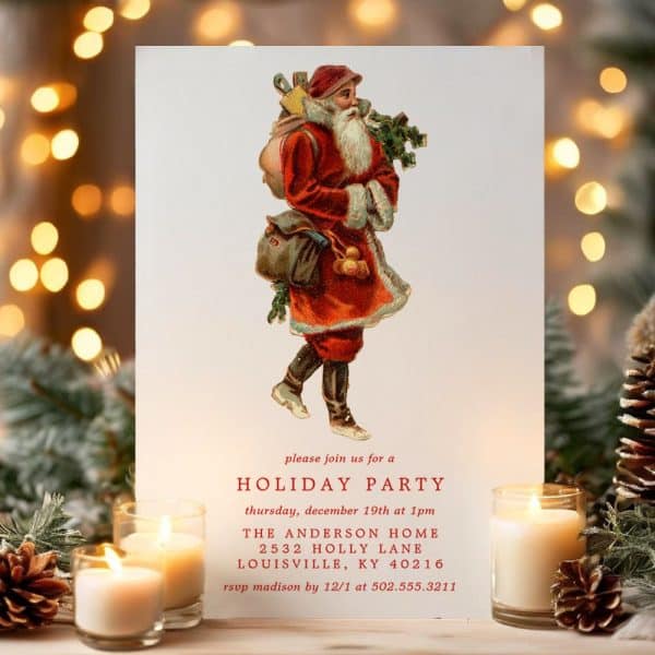 Vintage-Style Holiday Party Invitation Featuring An Illustration Of Santa Claus Carrying A Bag Of Gifts.