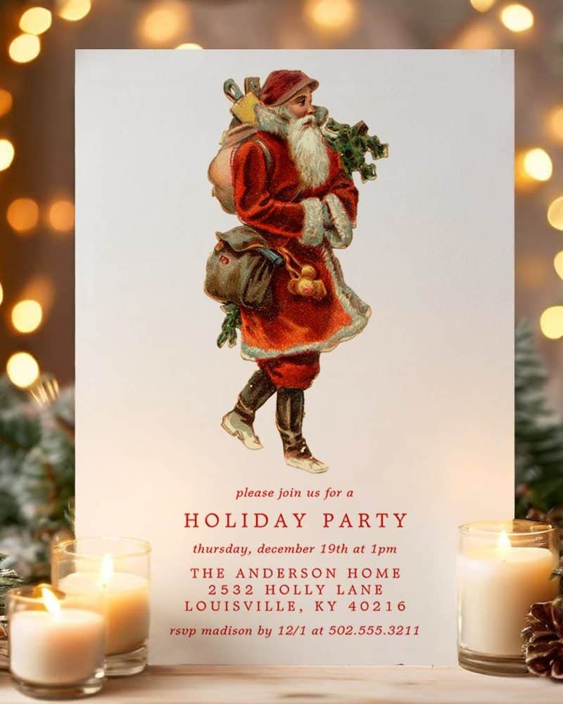 Vintage-style holiday party invitation featuring an illustration of Santa Claus carrying a bag of gifts.